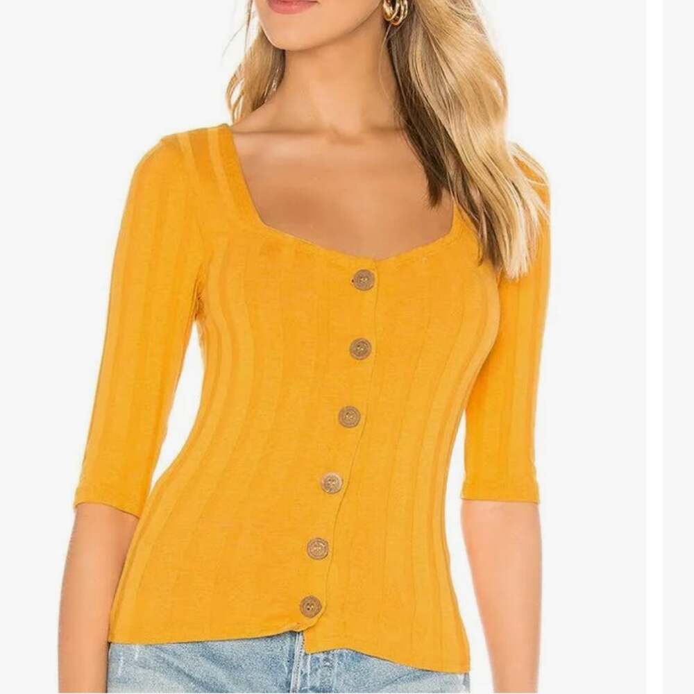 Free People Central Park mustard yellow rib knit button sweater top XS